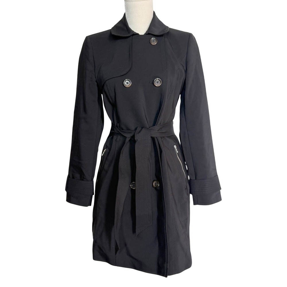 Express S Black Double Breasted Belted Trench Coat Military City Chic Tailored